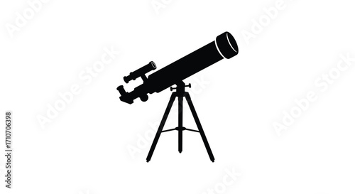 A simple black silhouette of a telescope on a tripod stand