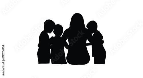 Silhouette of a mother and three children embracing warmly together