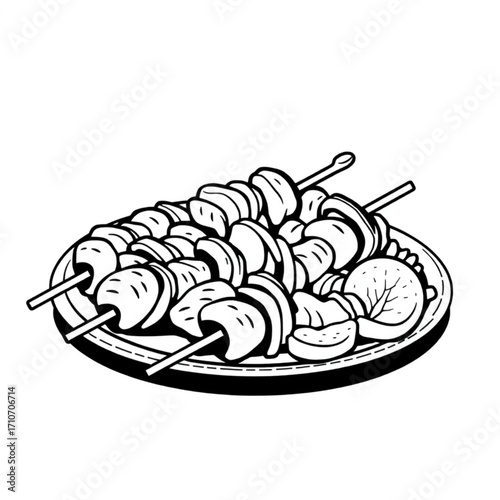 Grilled chicken and vegetable skewers on platter