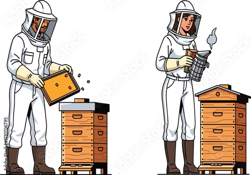 Beekeepers in protective suits, honeycomb inspection, bee smoker, apiary tools, cartoon illustration, honey production, vector design, farming, nature, teamwork