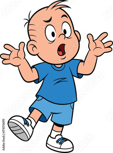 Surprised cartoon child, expressive face, emotional reaction, blue outfit, vector illustration, startled pose, open mouth, raised hands, playful character, storytelling art