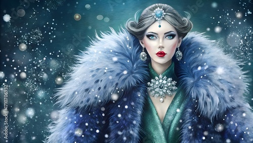 Elegant Fashion Illustration of a Stylish Woman in Long Faux Fur Coat – Modern Luxury Female Portrait Art