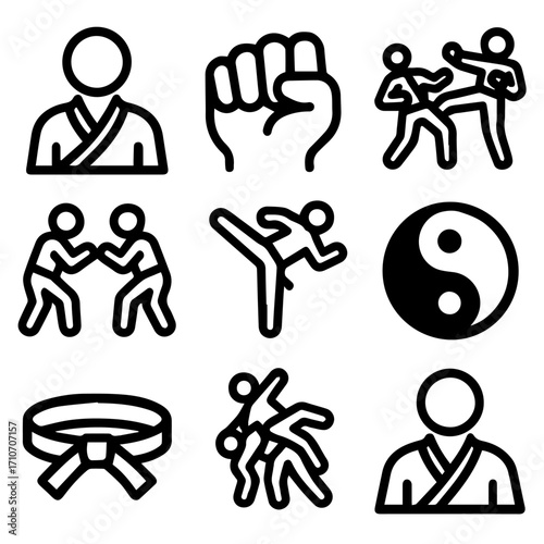 Martial arts icons depicting various techniques and elements.