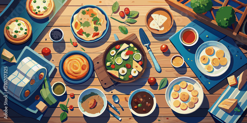 A seamless pattern of colorful fish, birds, and Easter eggs creates a delicious and traditional seafood dinner with fresh sushi and rice on a white plate