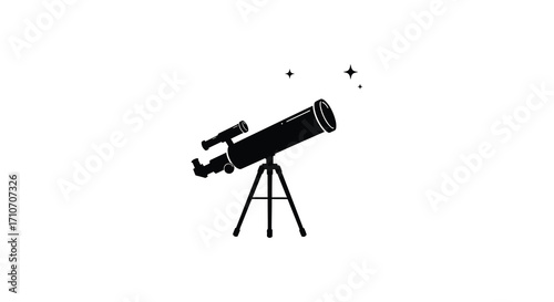 Simple black silhouette of a telescope pointing towards a starry night