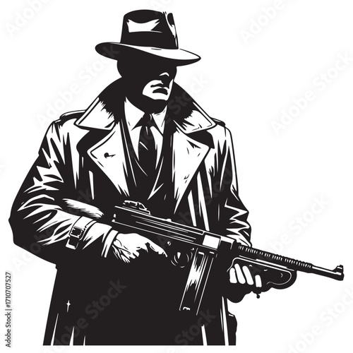Gangster with gun illustration, vintage mafia man in hat, retro crime vector artwork