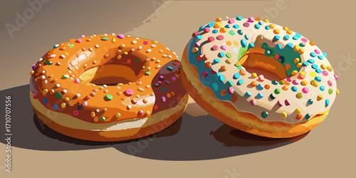 Sweet glazed donuts with colorful sprinkles and icing on a white background