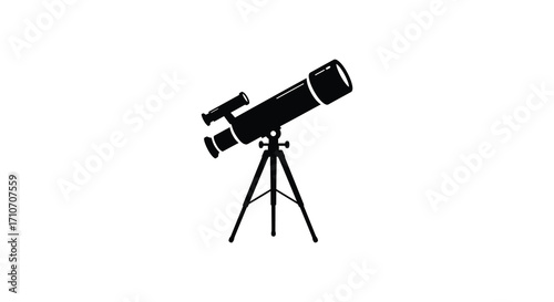 A simple black silhouette illustration of a telescope on its tripod