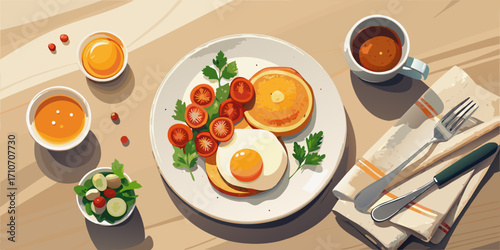 Tasty breakfast with fried eggs, bacon, and fresh vegetables on a plate