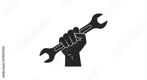A clenched fist firmly grasping a black wrench symbol of labor