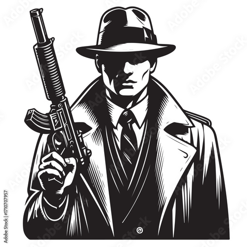 Gangster with gun illustration, vintage mafia man in hat, retro crime vector artwork