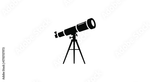 A simple black silhouette of a telescope on a tripod stand