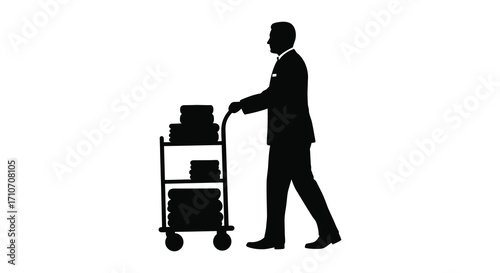 Silhouette of a businessman pushing a loaded service cart indoors