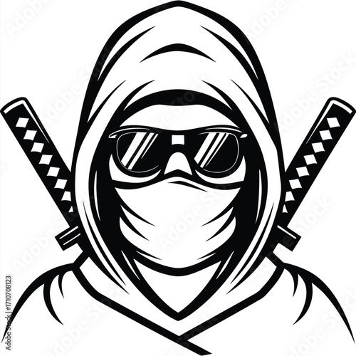 Mysterious hooded figure with sunglasses and crossed swords evokes intrigue and danger