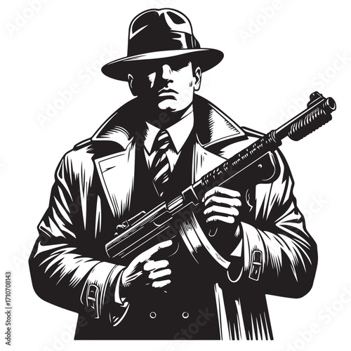 Gangster with gun illustration, vintage mafia man in hat, retro crime vector artwork