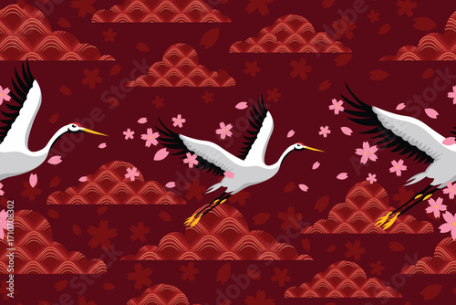 Crane pattern and cherry blossom cloud pattern for background, motif, fabric, cover, etc.