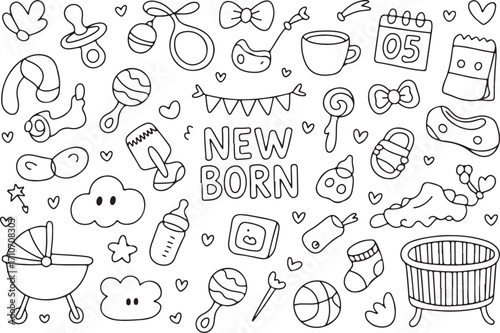 Newborn Baby Doodle Set Hand Drawn Infant Elements Cute Childish Icons Baby Shower