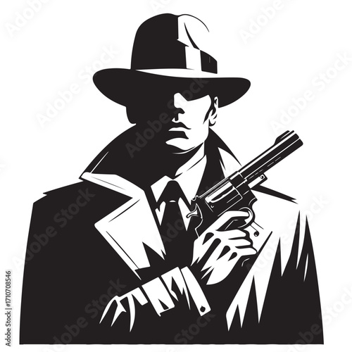 Gangster with gun illustration, vintage mafia man in hat, retro crime vector artwork