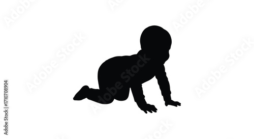 A simple black silhouette of a baby crawling on a white background