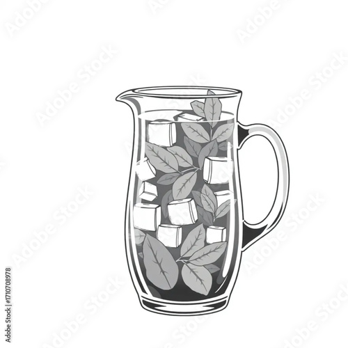 Cold mint tea with ice cubes in pitcher