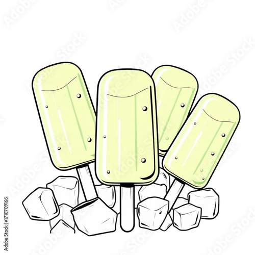 Fresh green smoothie popsicles on ice