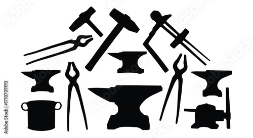 Black silhouette collection of blacksmithing tools and equipment displayed together