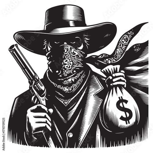 Gangster with gun illustration, vintage mafia man in hat, retro crime vector artwork