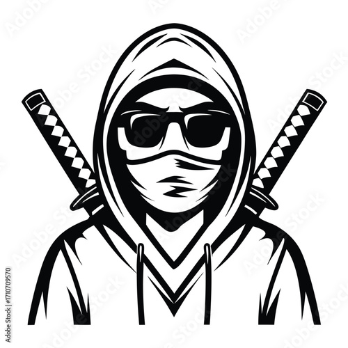 Person wearing hoodie and sunglasses with swords behind has a cool mysterious vibe