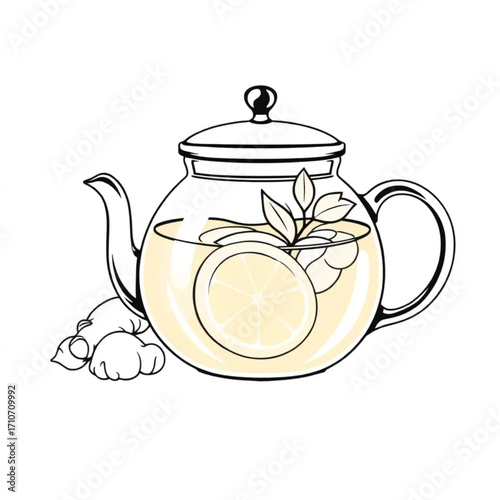Fresh ginger lemon tea in glass teapot