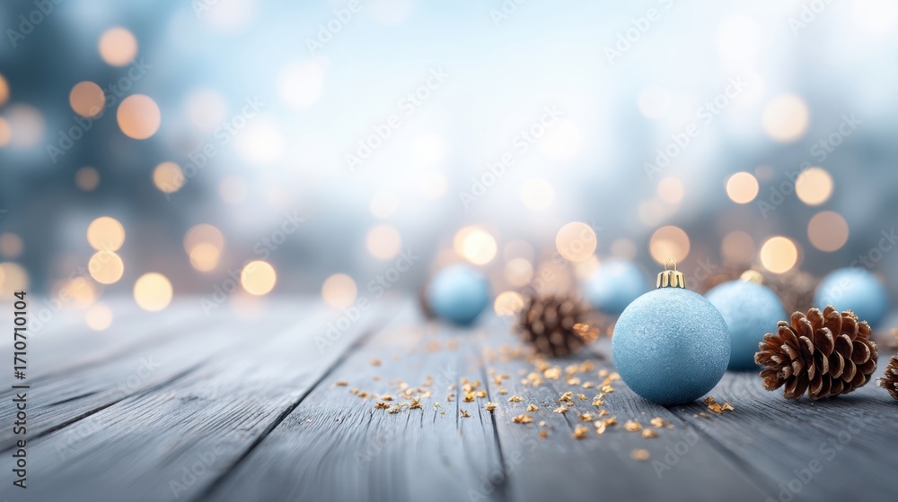 Fototapeta premium Blue Christmas ornaments and pine cones on wooden table with soft bokeh lights
