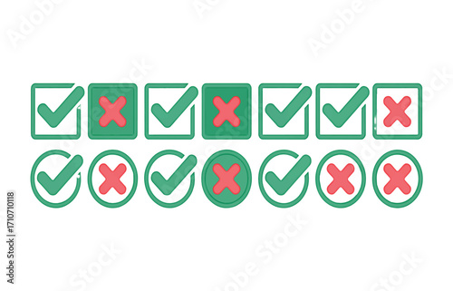 A comprehensive vector set of green check marks and red cross icons, representing approval and disapproval for surveys and decisions