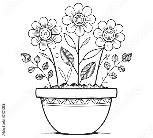 Beautiful coloring page of flowers inside a tub