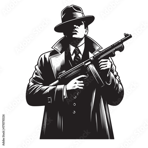 Gangster with gun illustration, vintage mafia man in hat, retro crime vector artwork