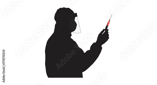 Silhouette of healthcare worker holding a syringe wearing protective gear