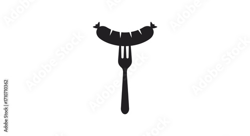 Simple black silhouette depicting a sausage on a fork isolated on white