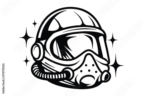 Shiny black and white pilot helmet features breathing tube with stars isolated on white