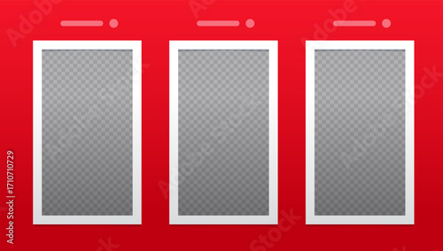 Three vertical frames on red background. Simple video call browsers user interface