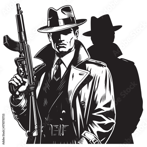 Gangster with gun illustration, vintage mafia man in hat, retro crime vector artwork