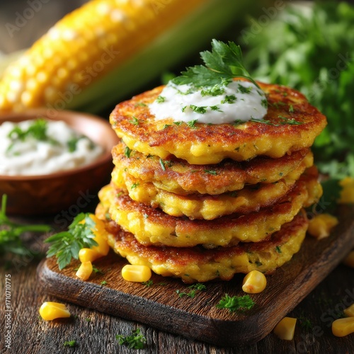 Stack of golden corn fritters topped with sour cream and parsley on a wooden board close up studio shot