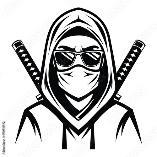 Silhouette of masked ninja with sunglasses carrying crossed katana swords under his hooded sweater