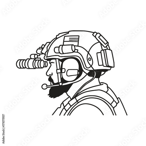 vector sketch illustration of Tactical Soldier in Profile Drawing line art in side view
