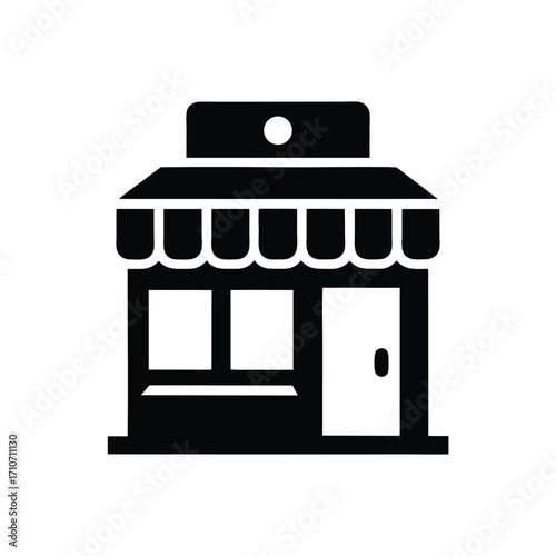 Simple black storefront silhouette shows windows, door, and awning detail