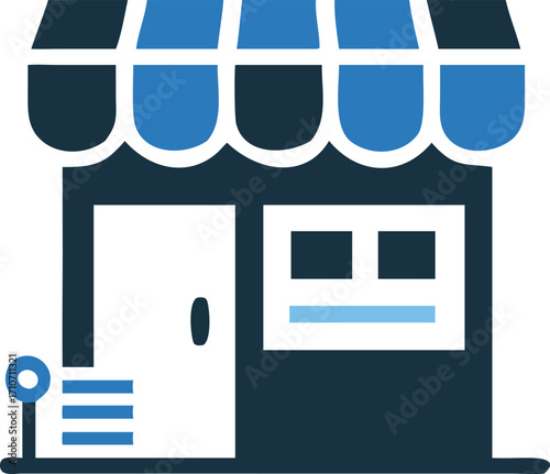 Simple icon showcases a small building with an awning and signage near door