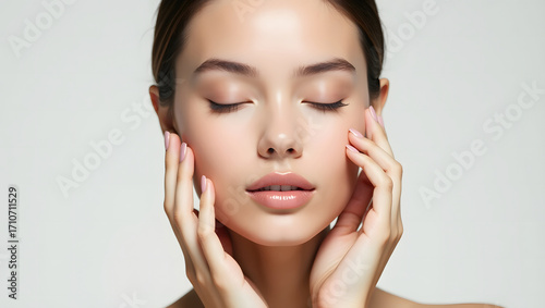 Close-up portrait of a young woman with flawless glowing skin, smooth complexion, natural makeup, radiant face, healthy beauty, and skincare