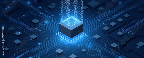 A futuristic depiction of a central processing unit surrounded by digital data and circuit patterns, emphasizing technology and innovation.