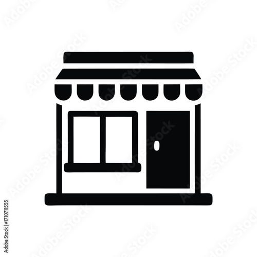 Simple storefront silhouette shows windows, door, and an awning in black