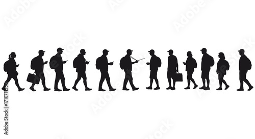 A row of silhouetted people walking depicting a dynamic human movement sequence
