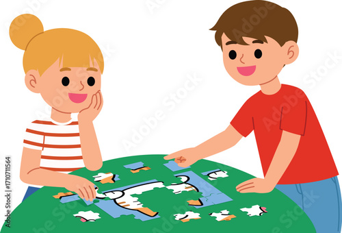 happy kids solve jigsaw on the table, game night activity for children, smile boy and girl enjoy puzzle game and have fun, cute child play board game with friend illustration