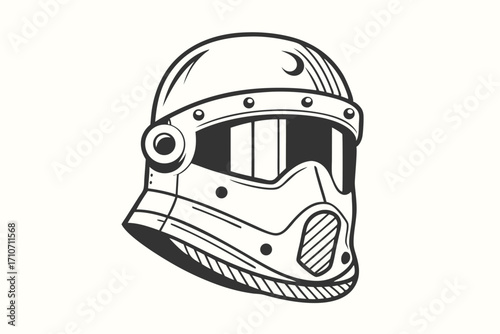 Simplified black and white protective helmet shows futuristic headgear with solid black shading for definition