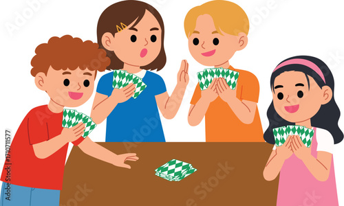 happy kids play card game on the table, game night activity for children, smile boy and girl enjoy card game and have fun, cute child play cards with friend illustration